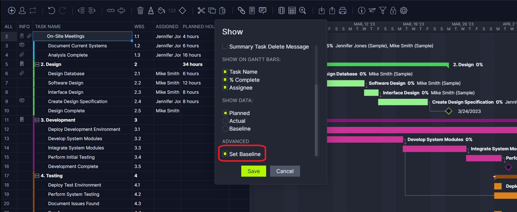 Set schedule baseline on ProjectManager