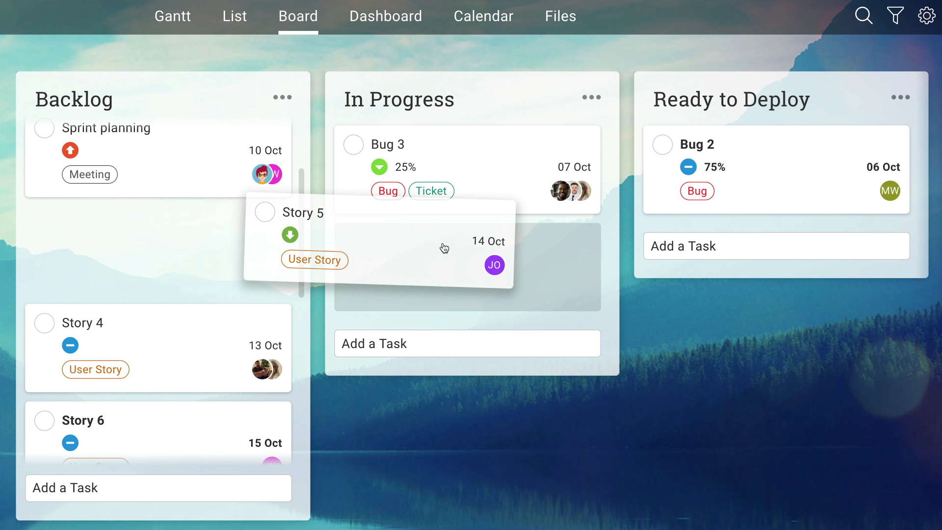 A screenshot of ProjectManager.com's Kanban board, which shows tasks as cards, which are moved to columns as they enter different stages of completion