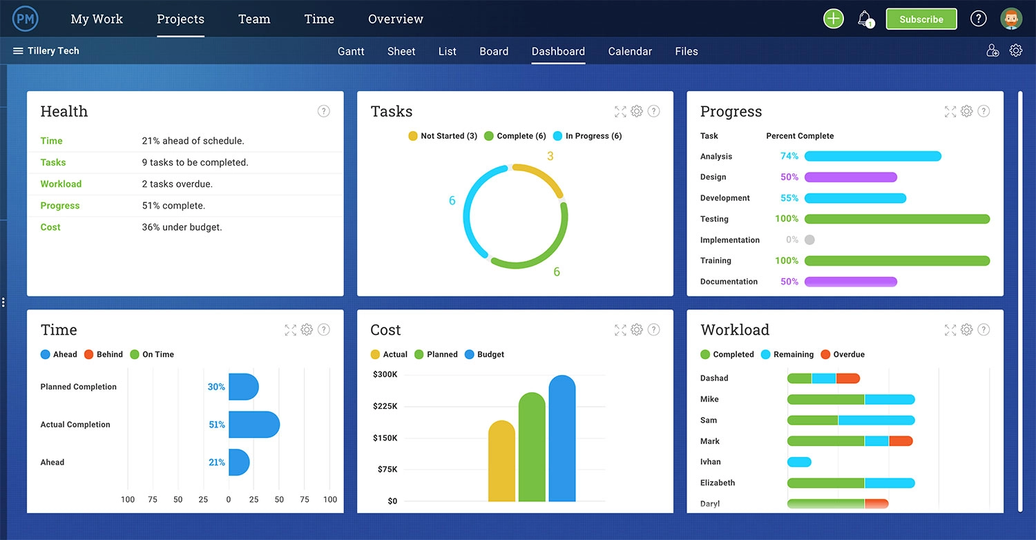 live dashboard from ProjectManager, a resource management software