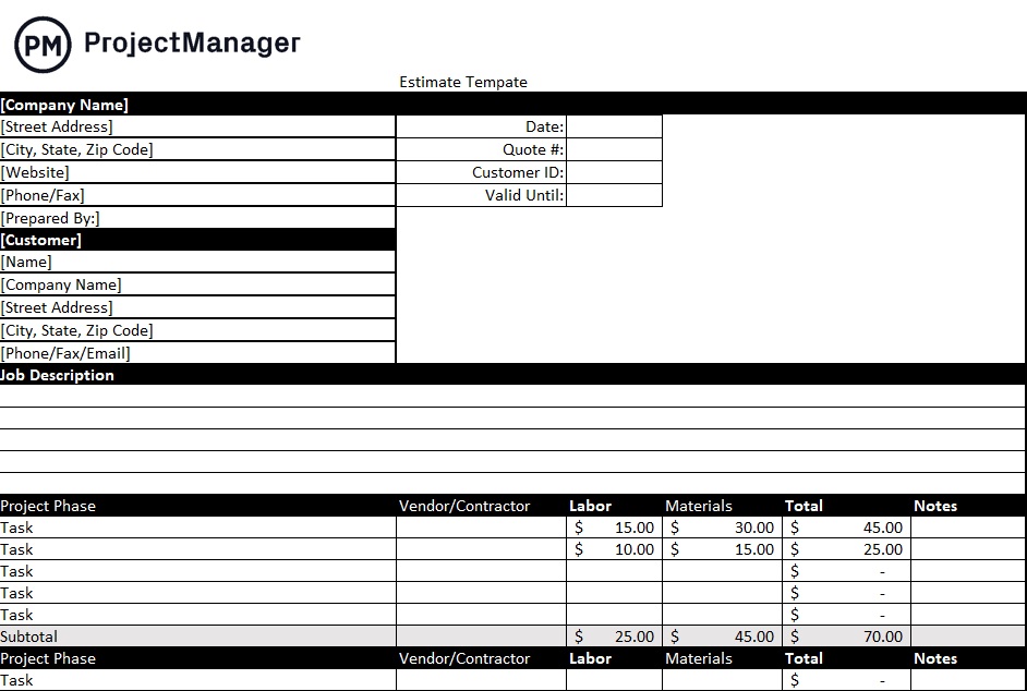free project estimate template for Microsoft Excel