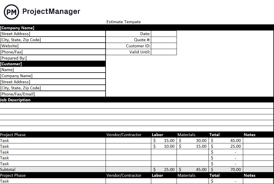 microsoft excel estimate template