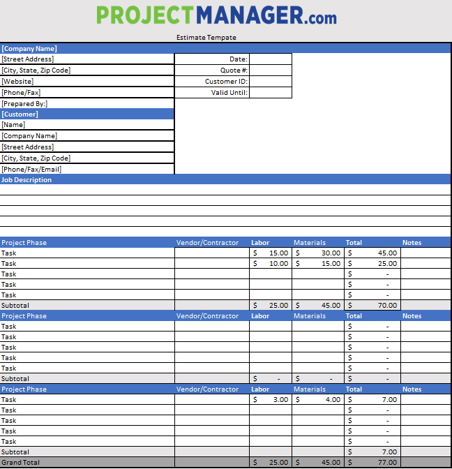 Free Project Cost Estimate Template Excel