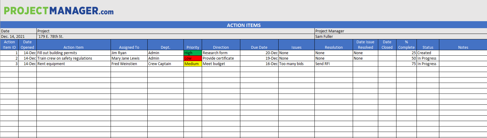 Action Items Template for Excel