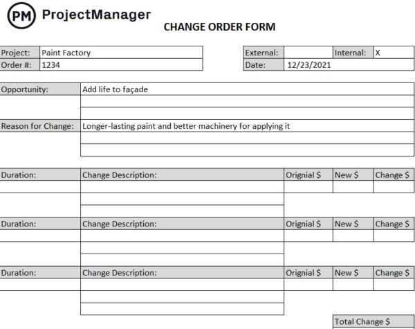 Free Change Order Form Template for Excel - ProjectManager