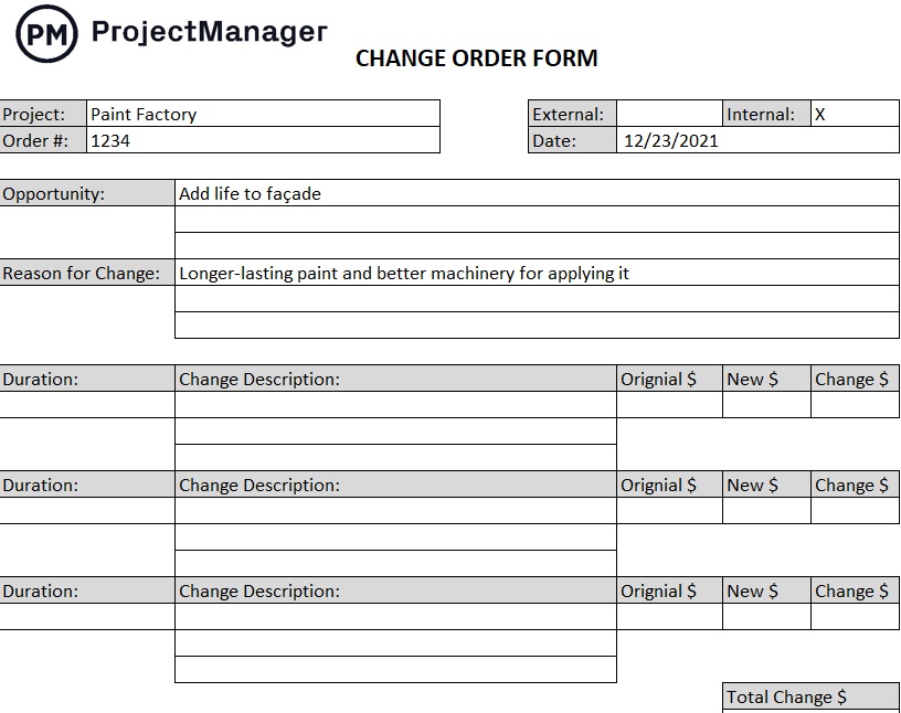 ProjectManager's change order template