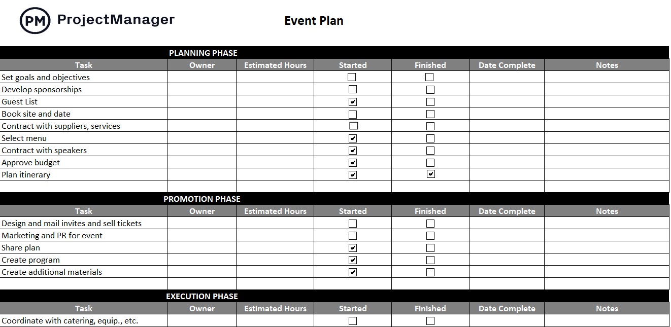 event planning template for Excel by ProjectManager