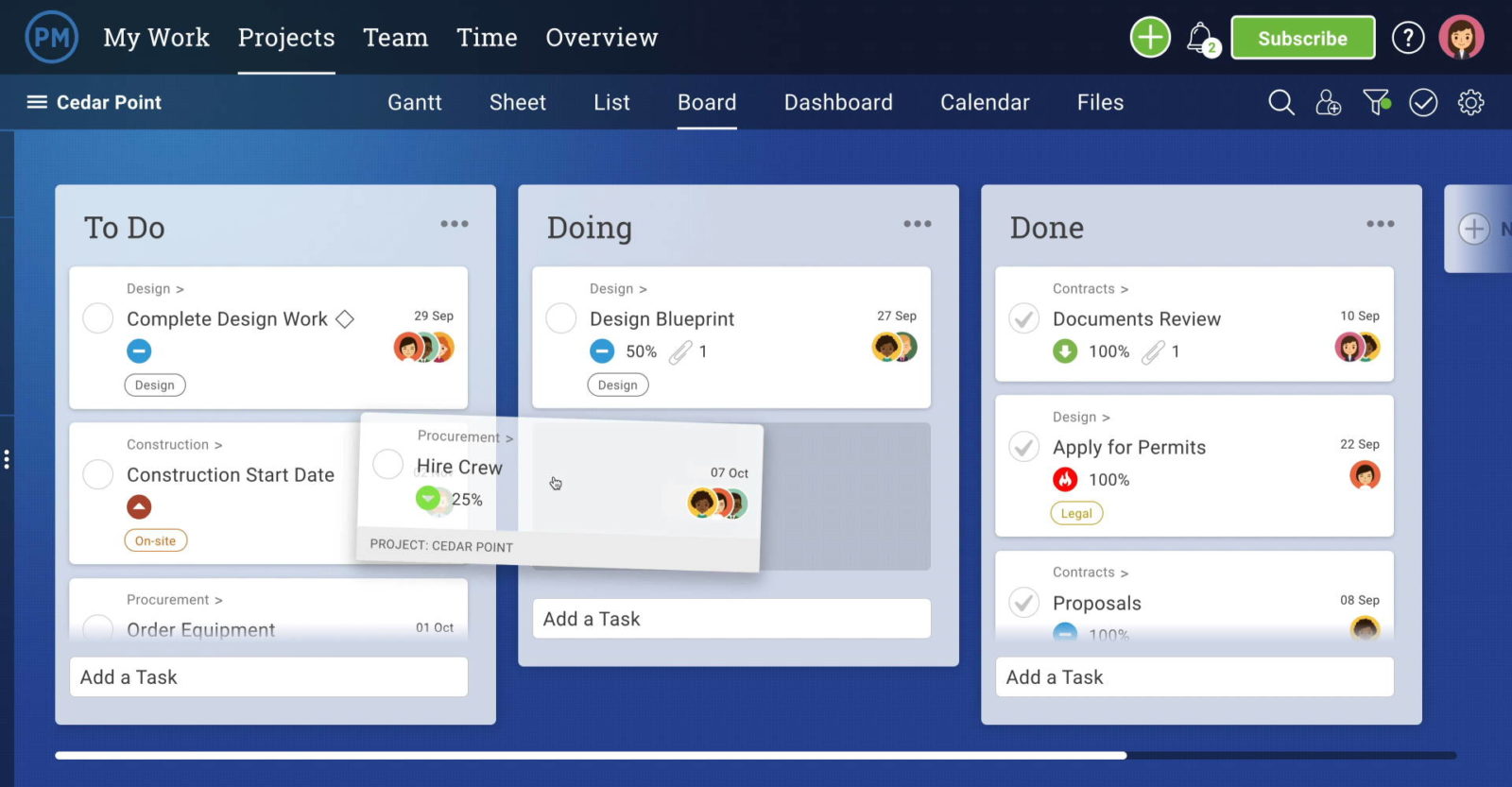 kanban board with car dragged and dropped into next column