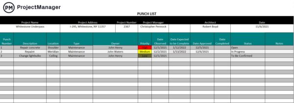 Punch list construction document