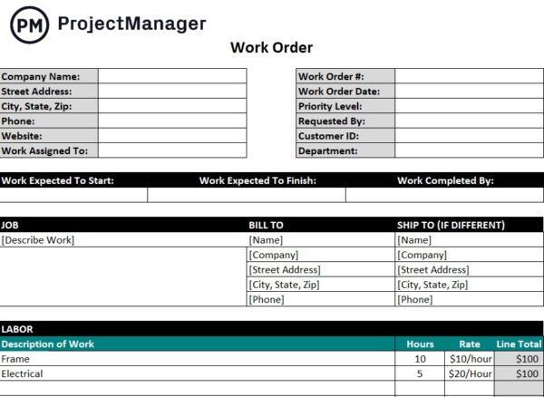 free work order template for excel