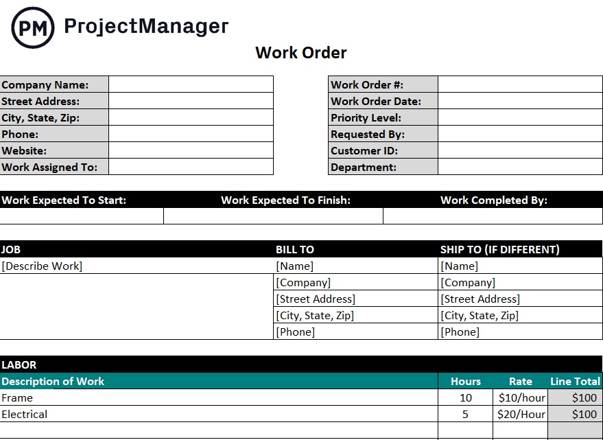 ProjectManager's work order template, a Manufacturing Excel Template