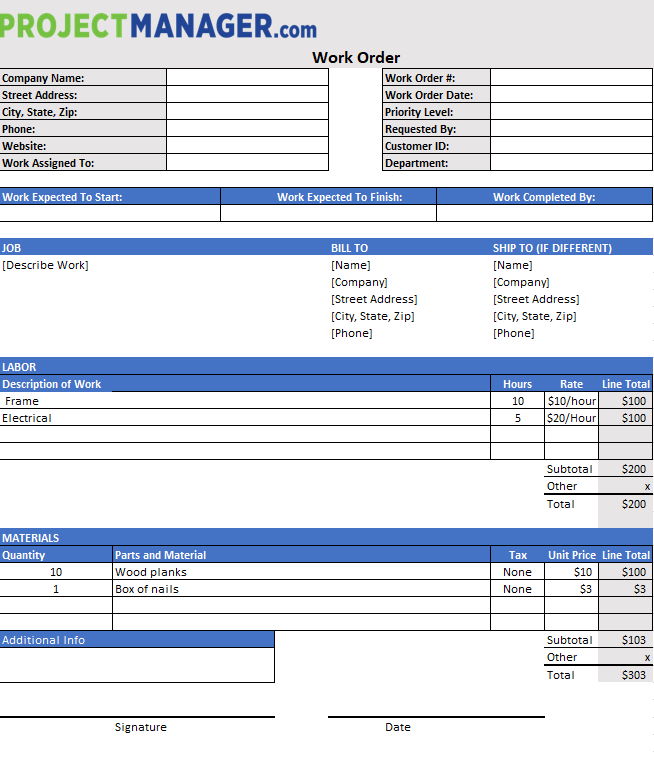 Printable Excel Work Order Template Printable Templates