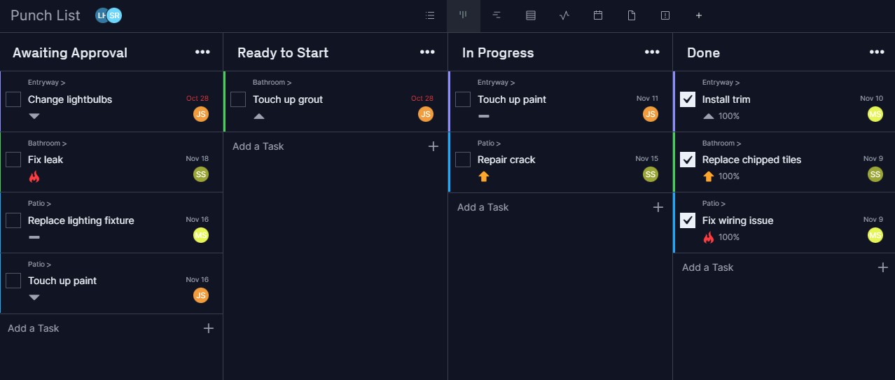 ProjectManager's kanban board showing action steps from an action plan