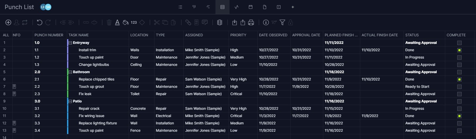 ProjectManager's in-app punch list template