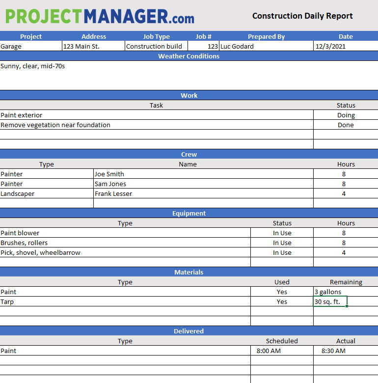 Free Construction Daily Report Template for Excel ProjectManager