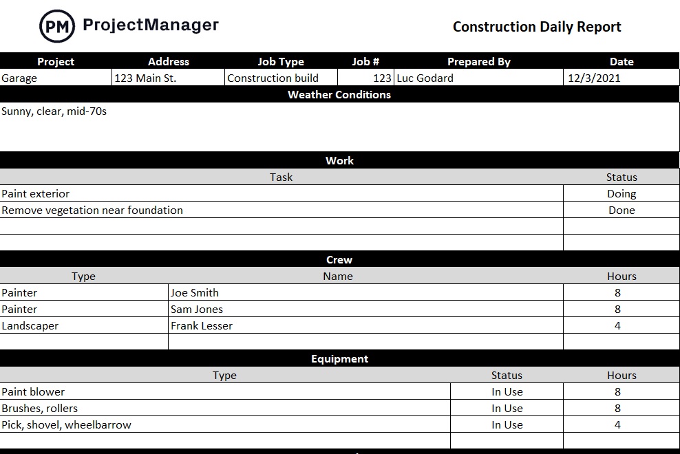 Free Construction Daily Report Template for Excel ProjectManager