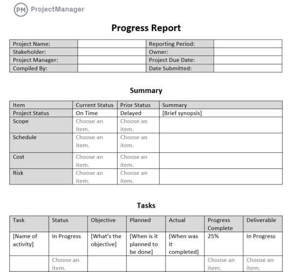 ProjectManager's free progress report template