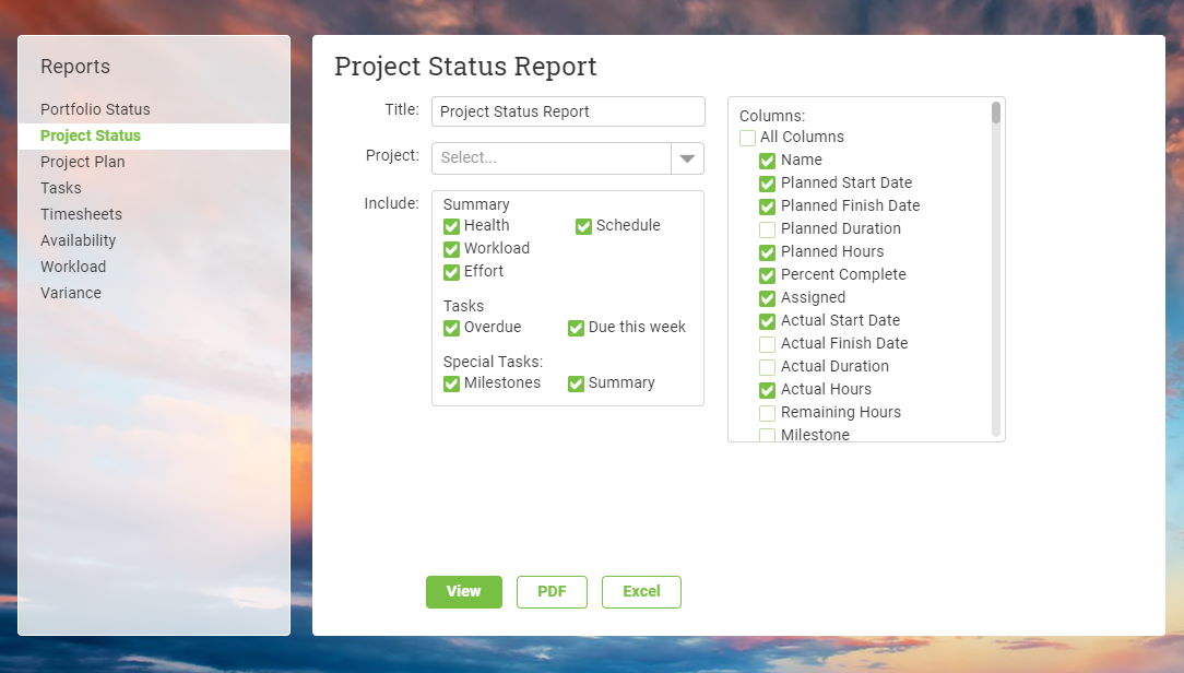 ProjectManager's status report filter window