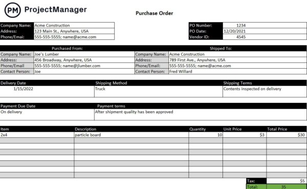 Free Purchase order form template for Excel