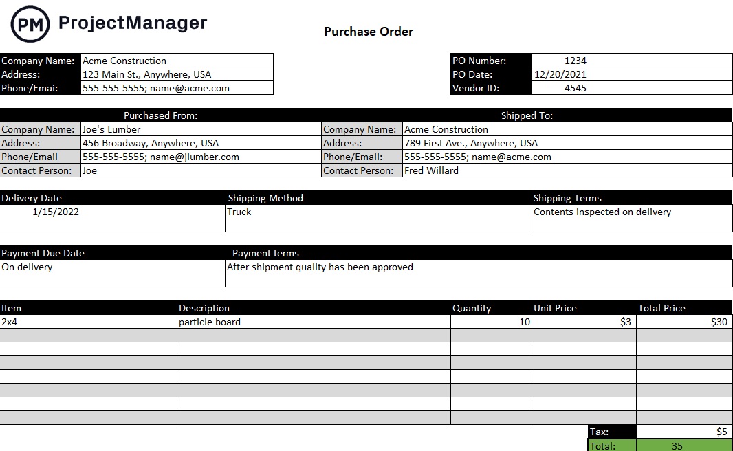 ProjectManager's free purchase order template