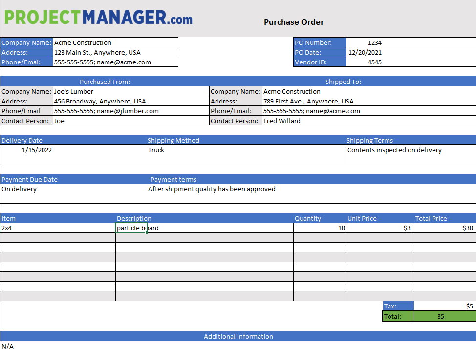 Purchase Order Template for Excel