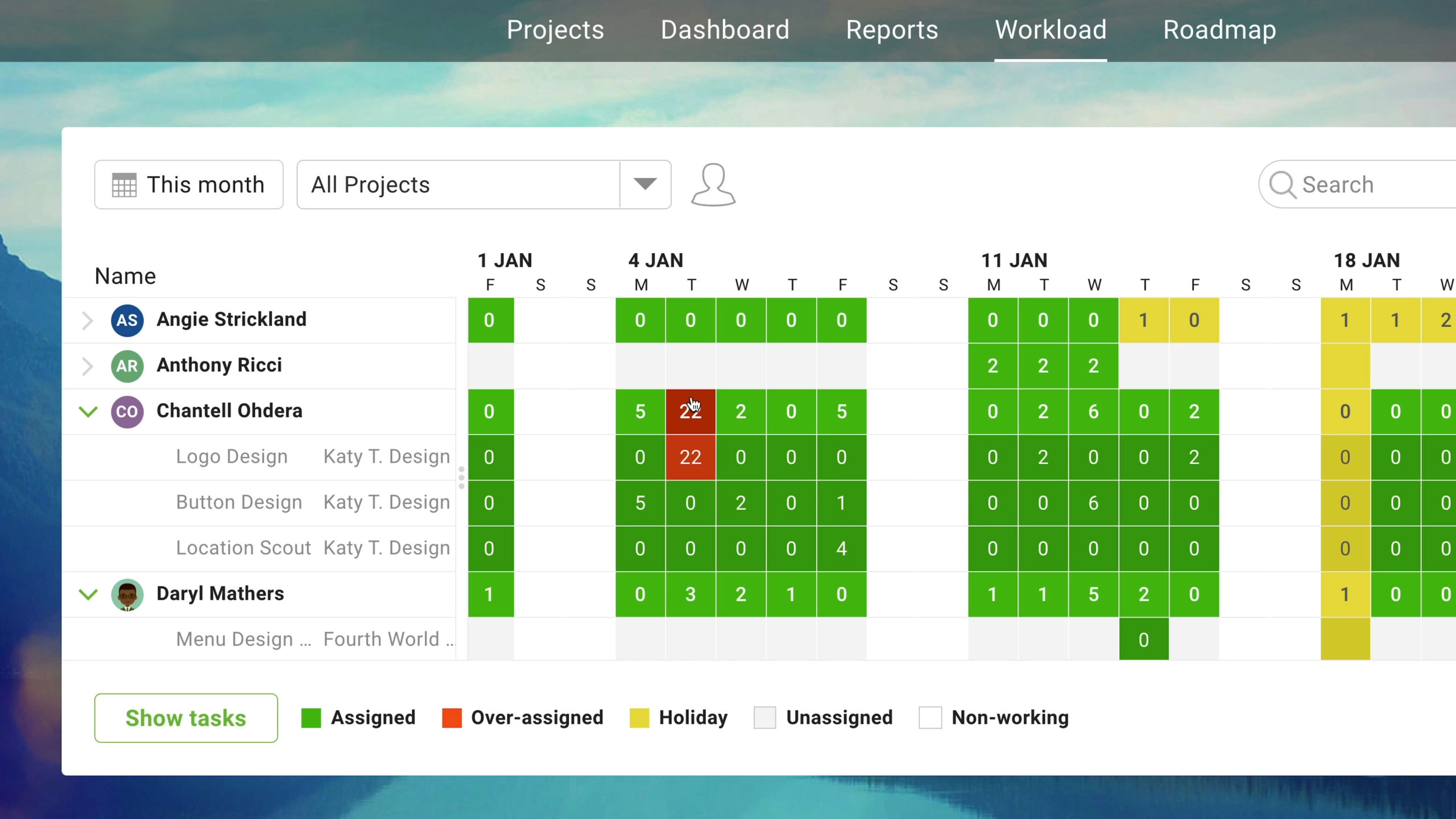 screenshot of a workload calendar in ProjectManager