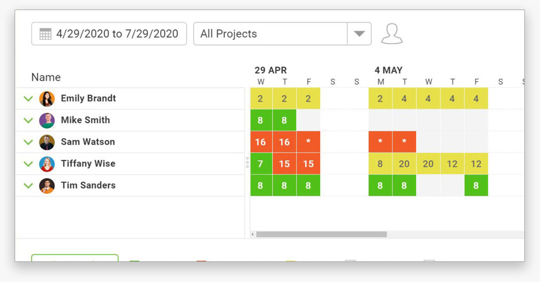 a screenshot of the team management/workload page in ProjectManager.com
