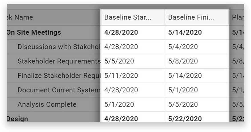 screenshot of the baseline columns on the gantt chart