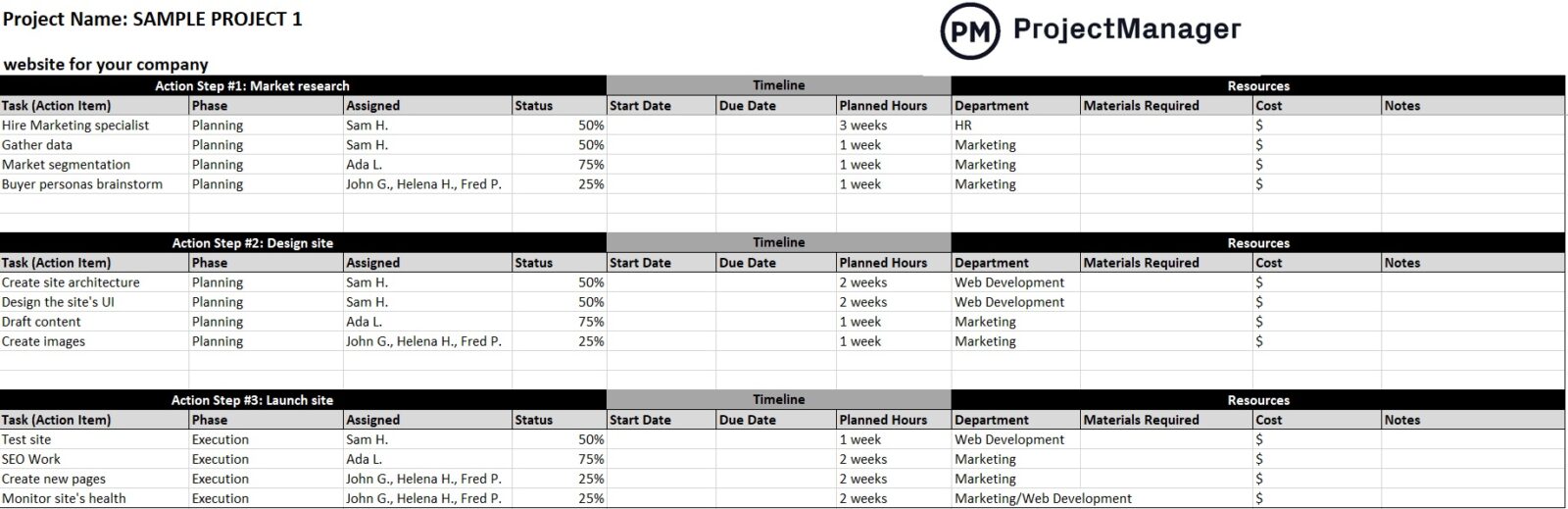 Action plan spreadsheet for task and project tracking