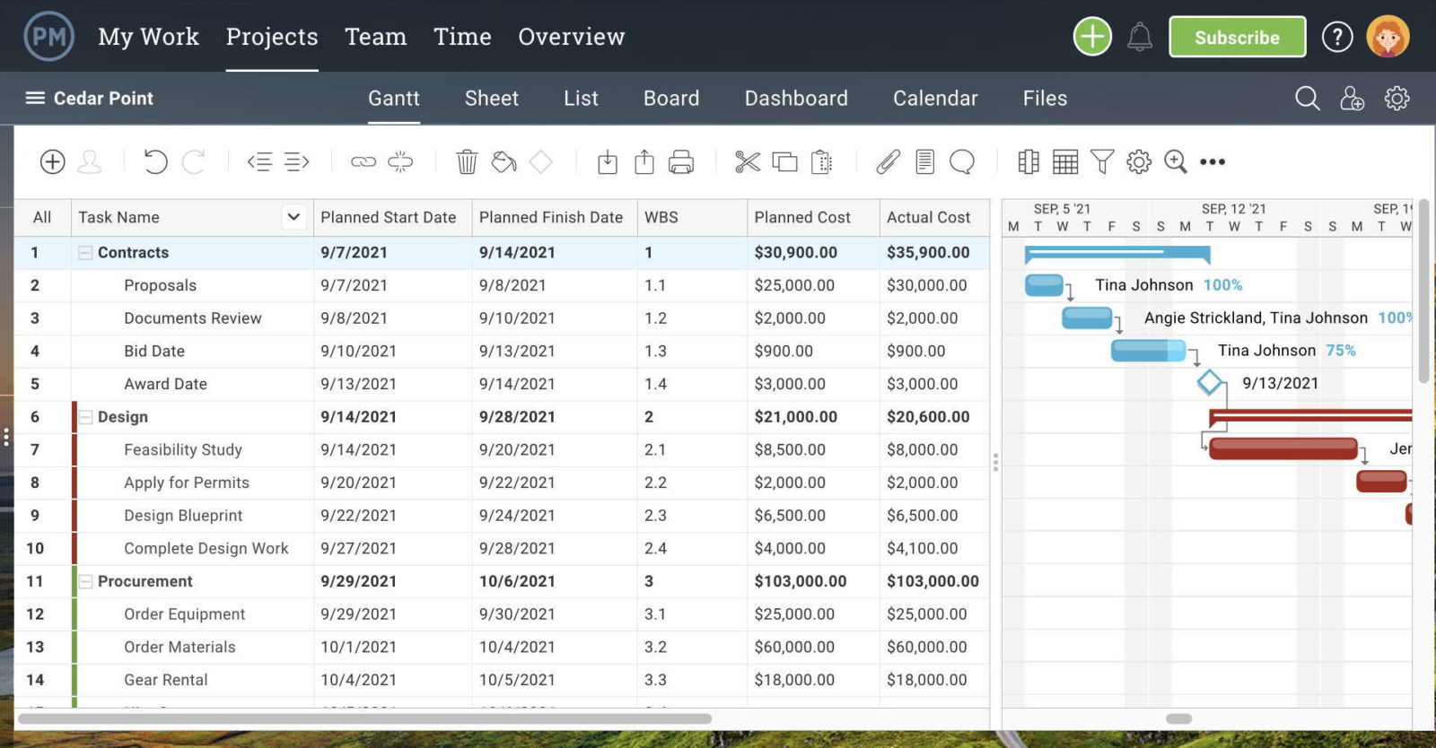 Gantt chart with sheet on left and timeline on right