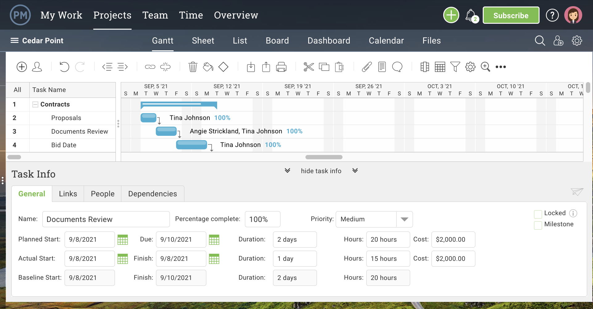 screenshot of Gantt chart in ProjectManager.com