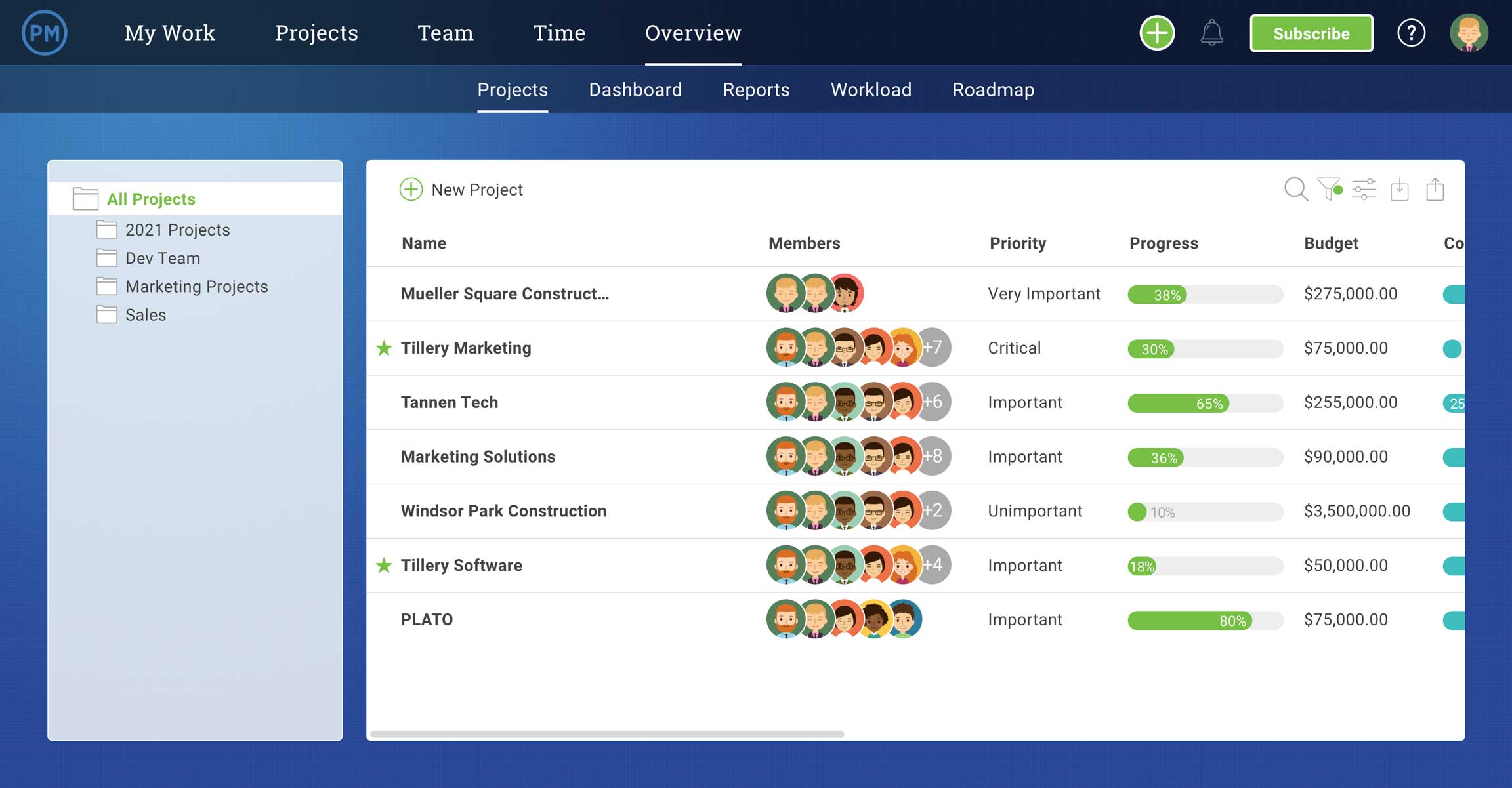 A screenshot of the Project Overview Screen in ProjectManager