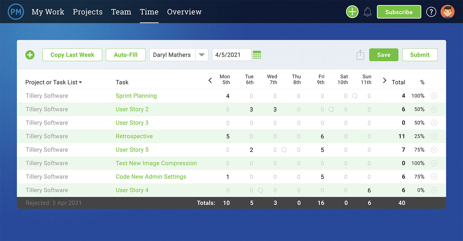 A screenshot of the Timesheet view in ProjectManager
