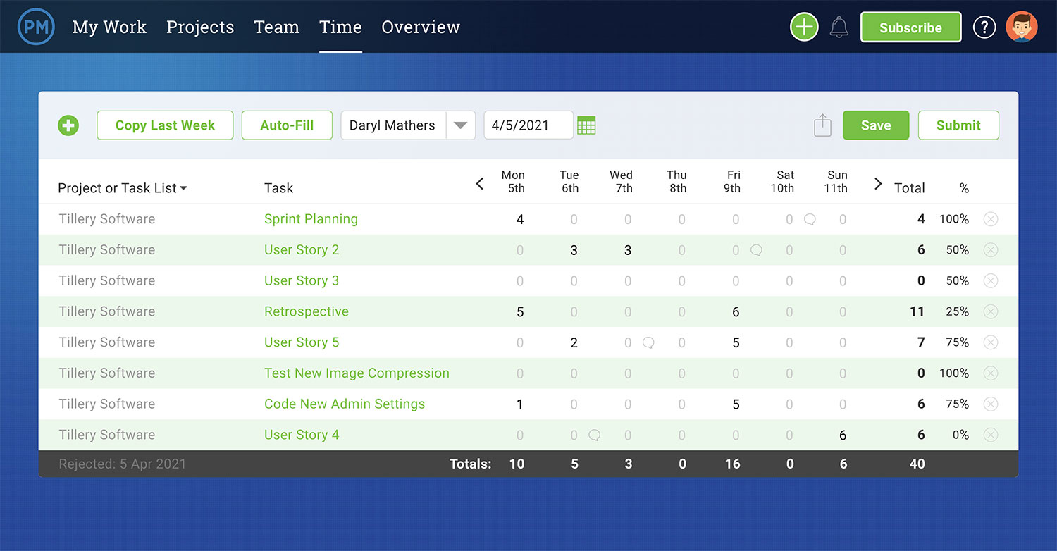ProjectManager's timesheet view