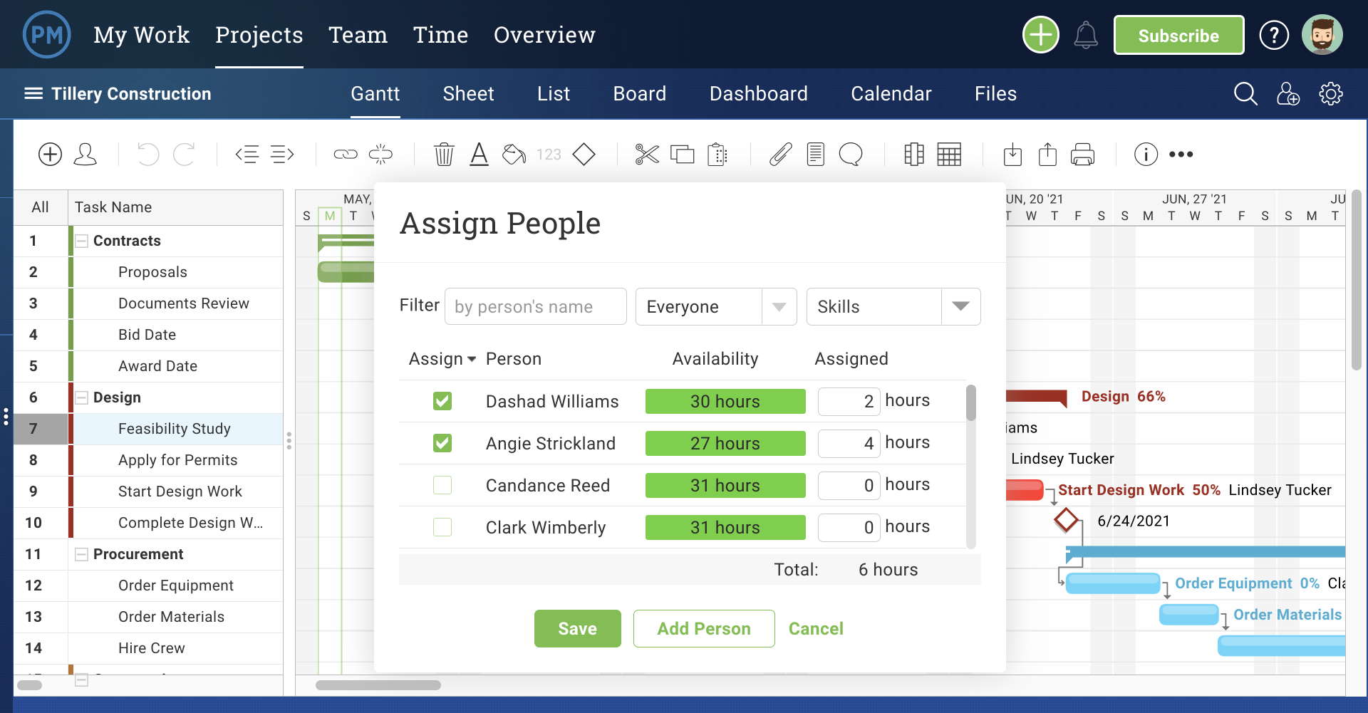 A screenshot of the Gantt chart tool assign tasks popup
