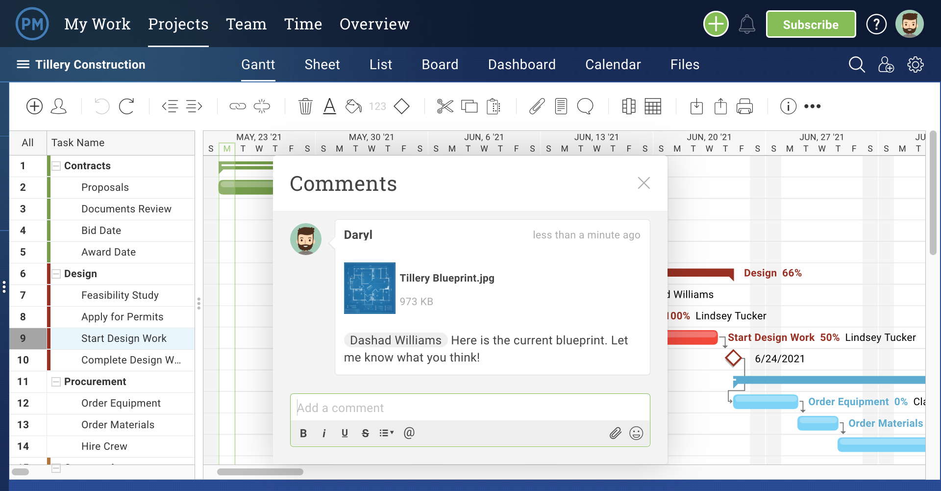 a screenshot of a comment on a Gantt chart in ProjectManager, a task management software