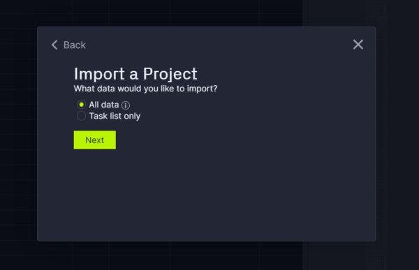 Import a Microsoft Project File, choose all data or task list only