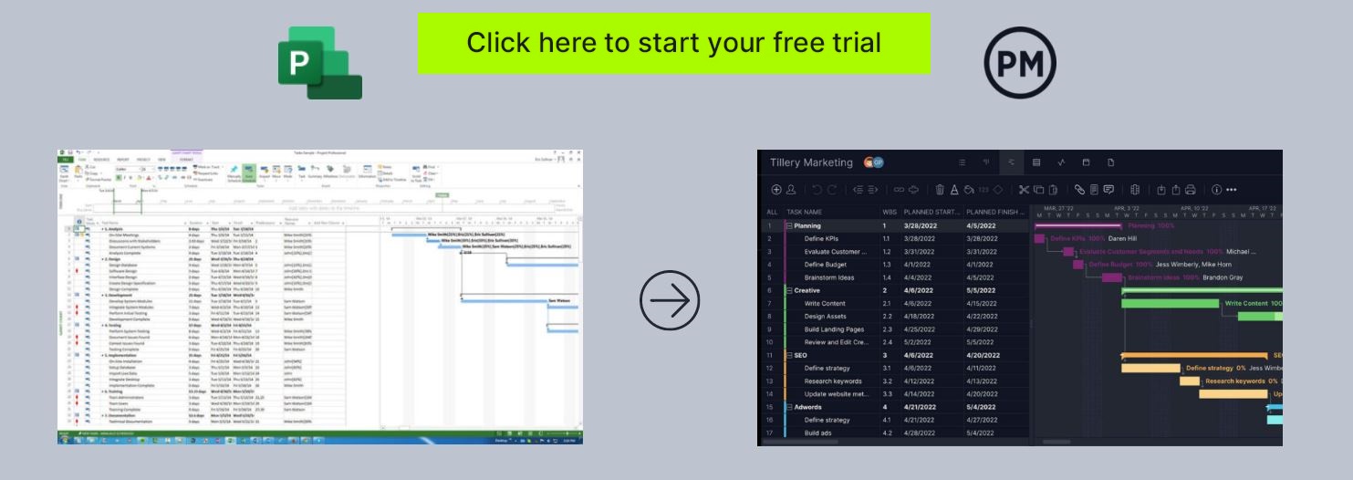 Microsoft Project files easily import into ProjectManager. Gantt chart is shown