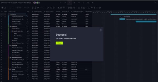 Success pop up indicating you've imported a Gantt chart from MS project