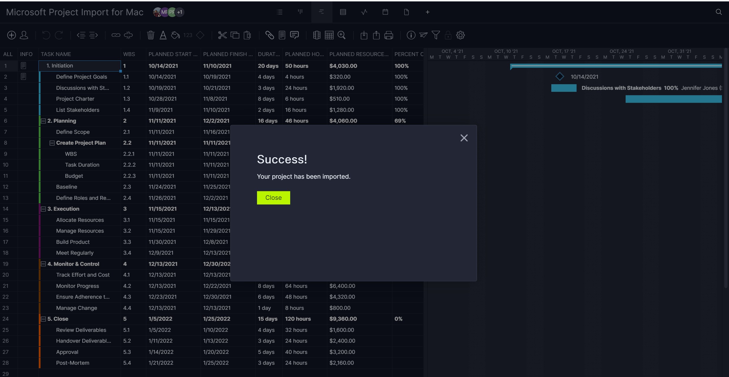 ProjectManager's success import popup