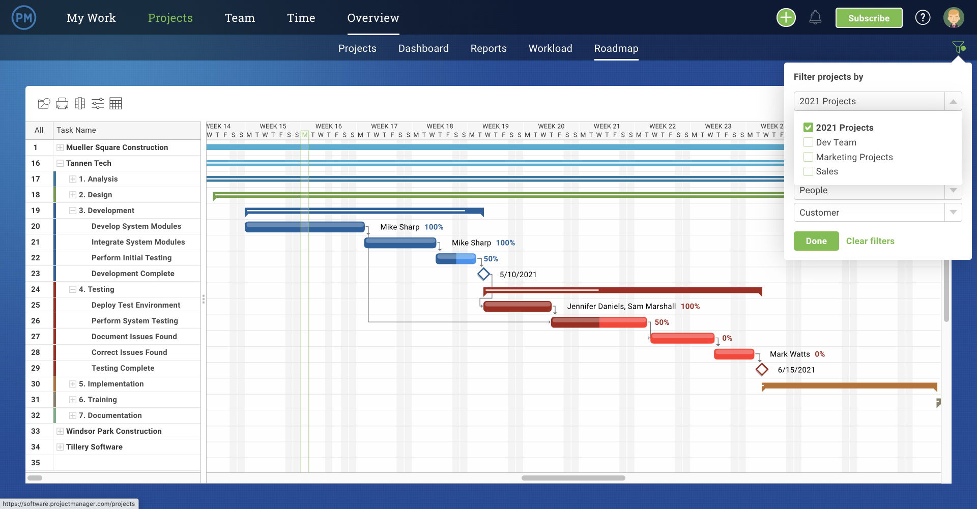 project roadmap for project portfolio management in ProjectManager.com, showing tasks and their durations on a timeline.