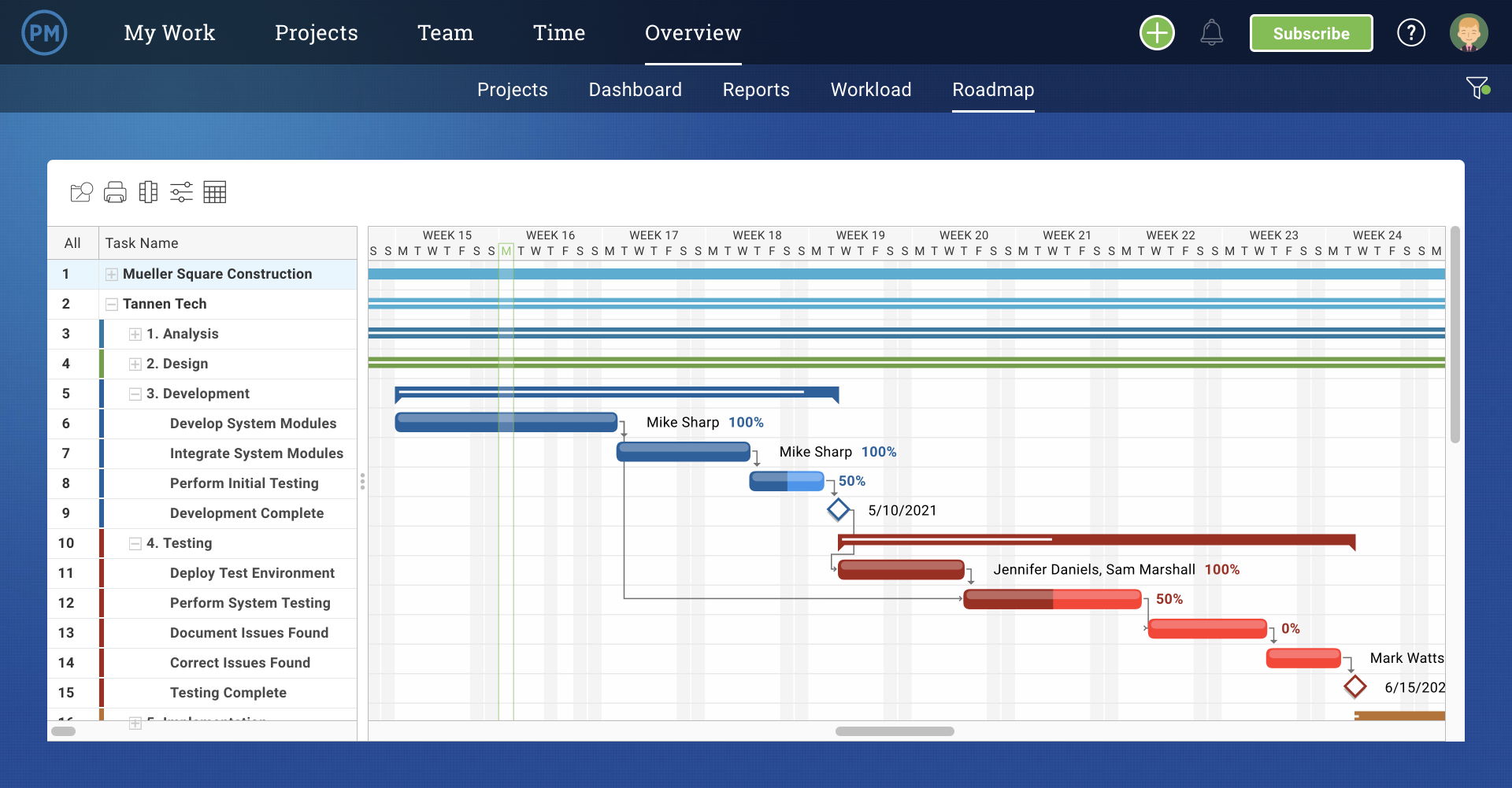 A screenshot of ProjectManager's roadmap feature