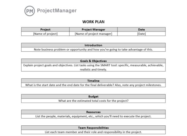 ProjectManager's free work plan template