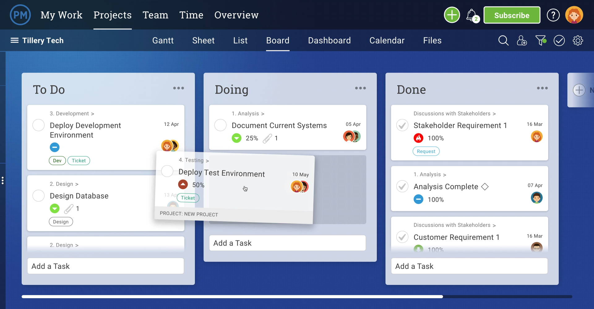 A screenshot of ProjectManager's kanban interface, with multiple tasks (represented as cards) on columns which represent boards.