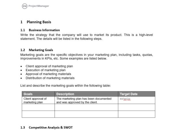 ProjectManager's free marketing plan template