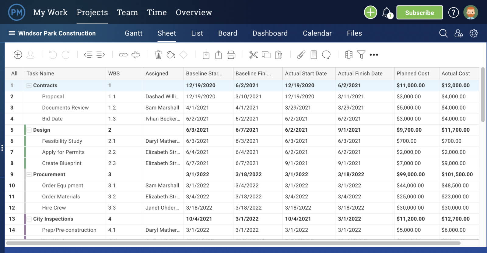a screenshot of the Sheet view in ProjectManager.com, depicting a construction project