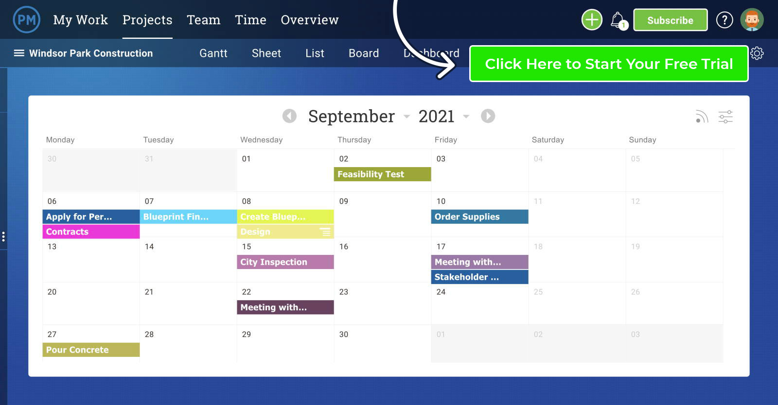 Project calendar view in ProjectManager