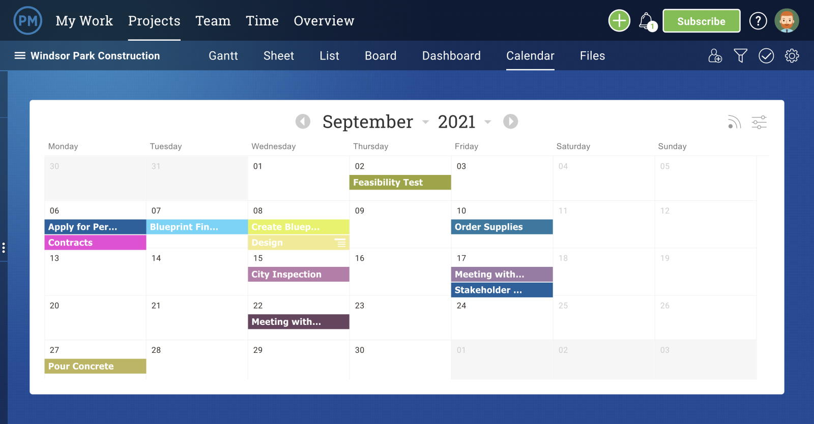 A screenshot of the Calendar in ProjectManager, which shows tasks laid out on a traditional calendar format