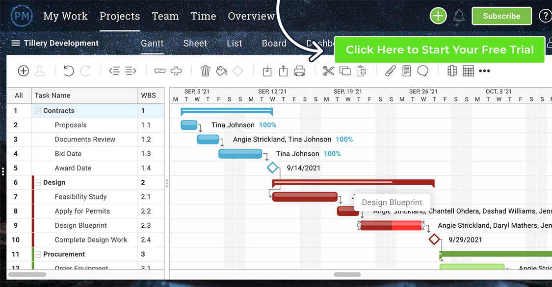 A Gantt chart with milestones on a project schedule