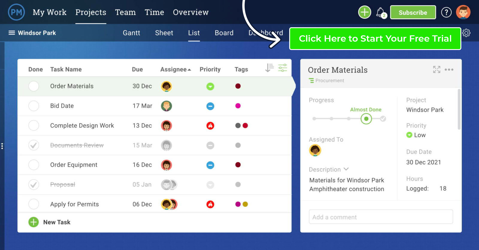 ProjectManager list view of tasks, deadlines, priorities and more