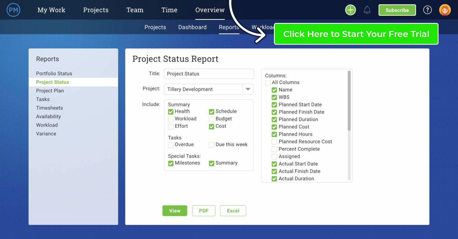 filter for project status report data